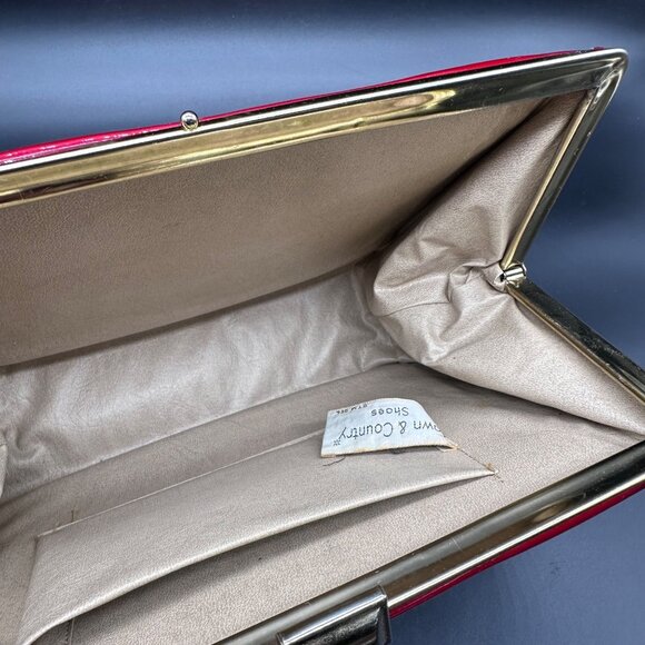 Vintage Cherry Red Patent Leather Handbag Purse Mid Century Gold 60s Top Handle - Picture 7 of 14